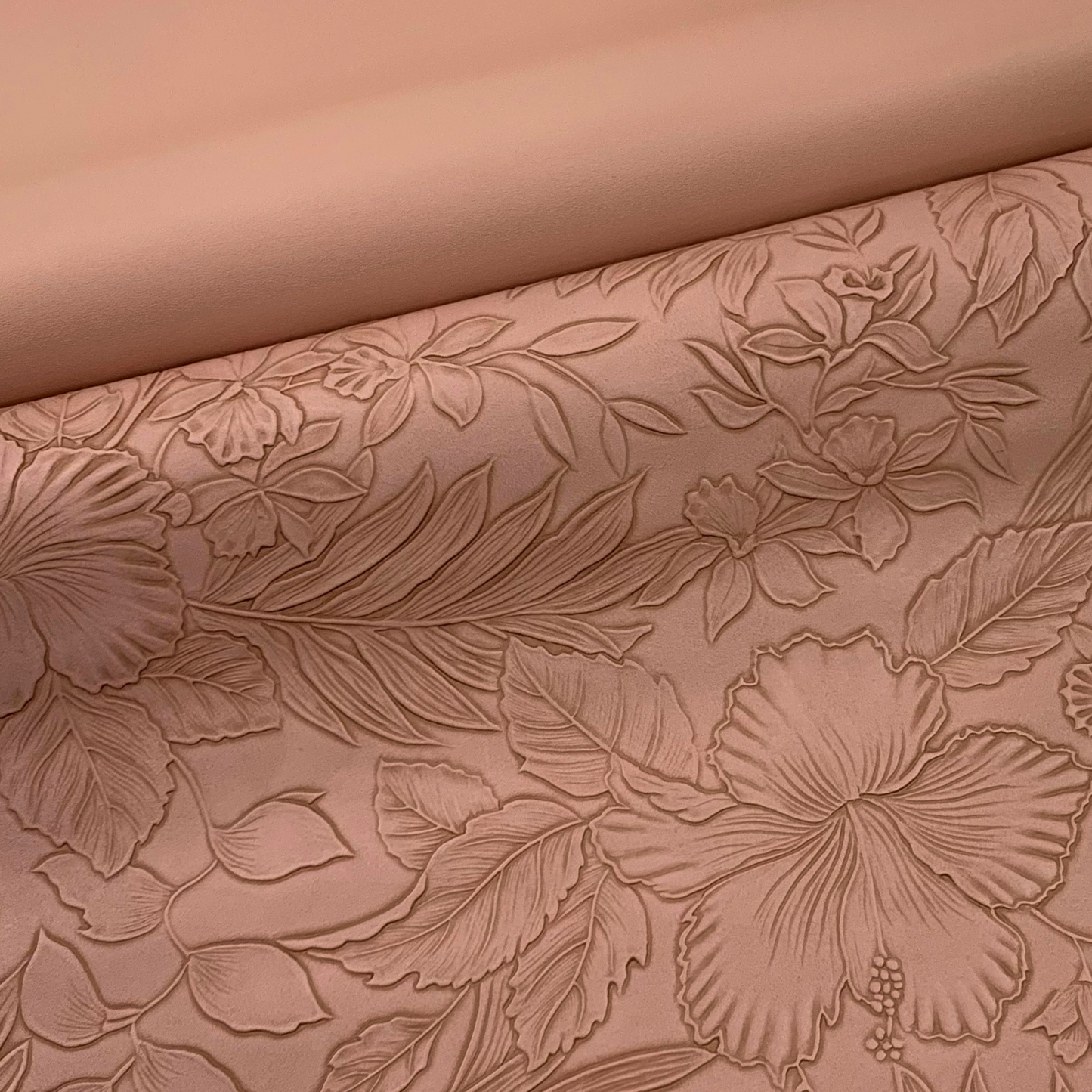 ANTIQUE BRASS PINK “Embossed Tropics” Faux Leather Large and Half Yard Rolls