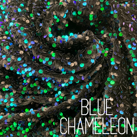 Blue Chameleon Sequin Velvet Four Way Stretch Fabric