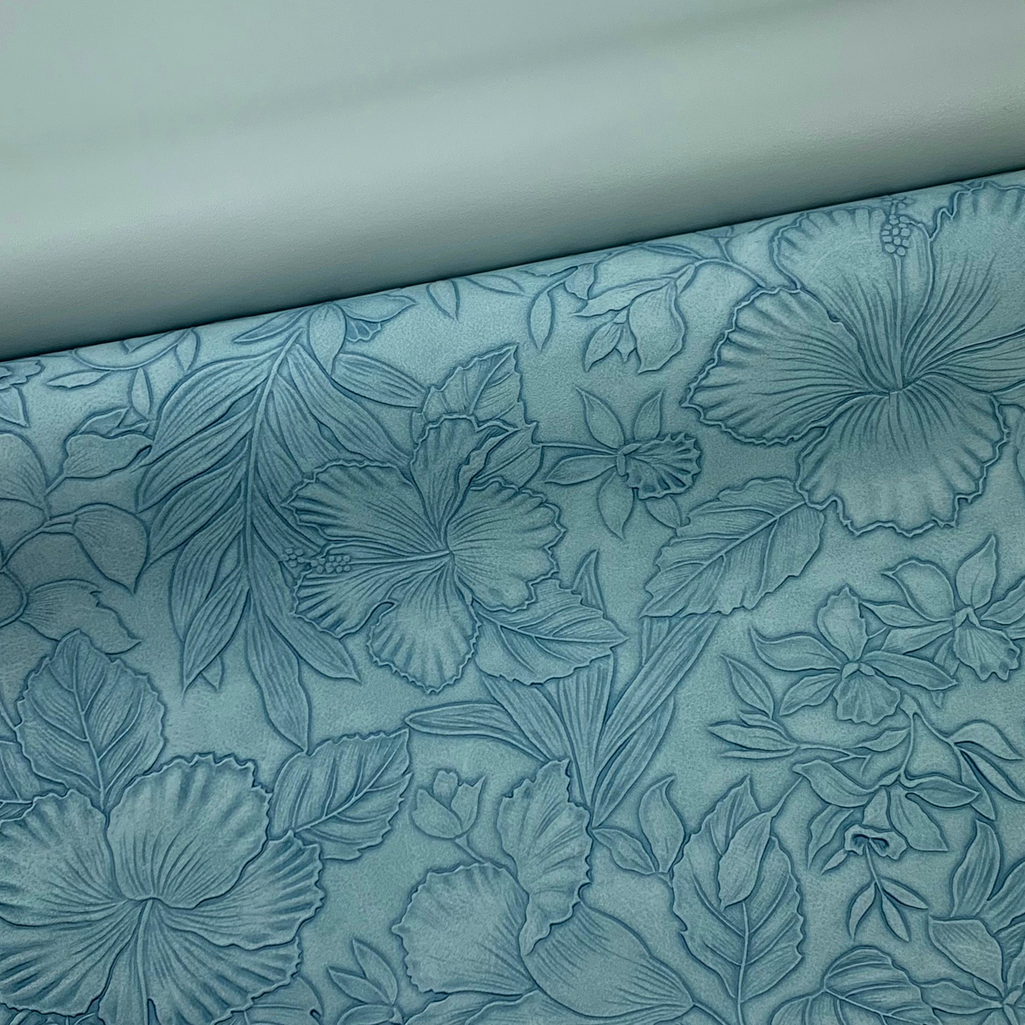 MOONSTONE BLUE “Embossed Tropics” Faux Leather Large and Half Yard Rolls