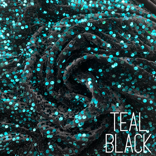 Teal Black Sequin Velvet Four Way Stretch Fabric