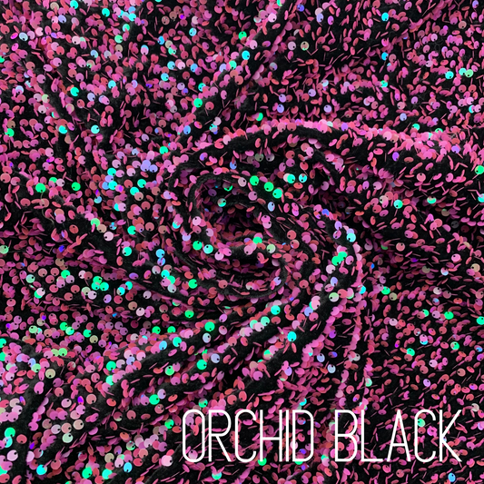 Orchid Black Sequin Velvet Four Way Stretch Fabric