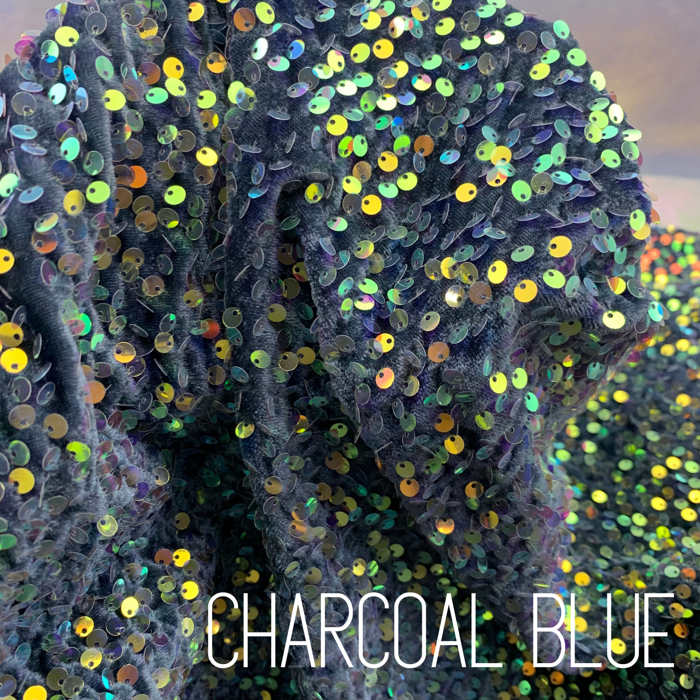 Charcoal Blue Sequin Velvet Four Way Stretch Fabric
