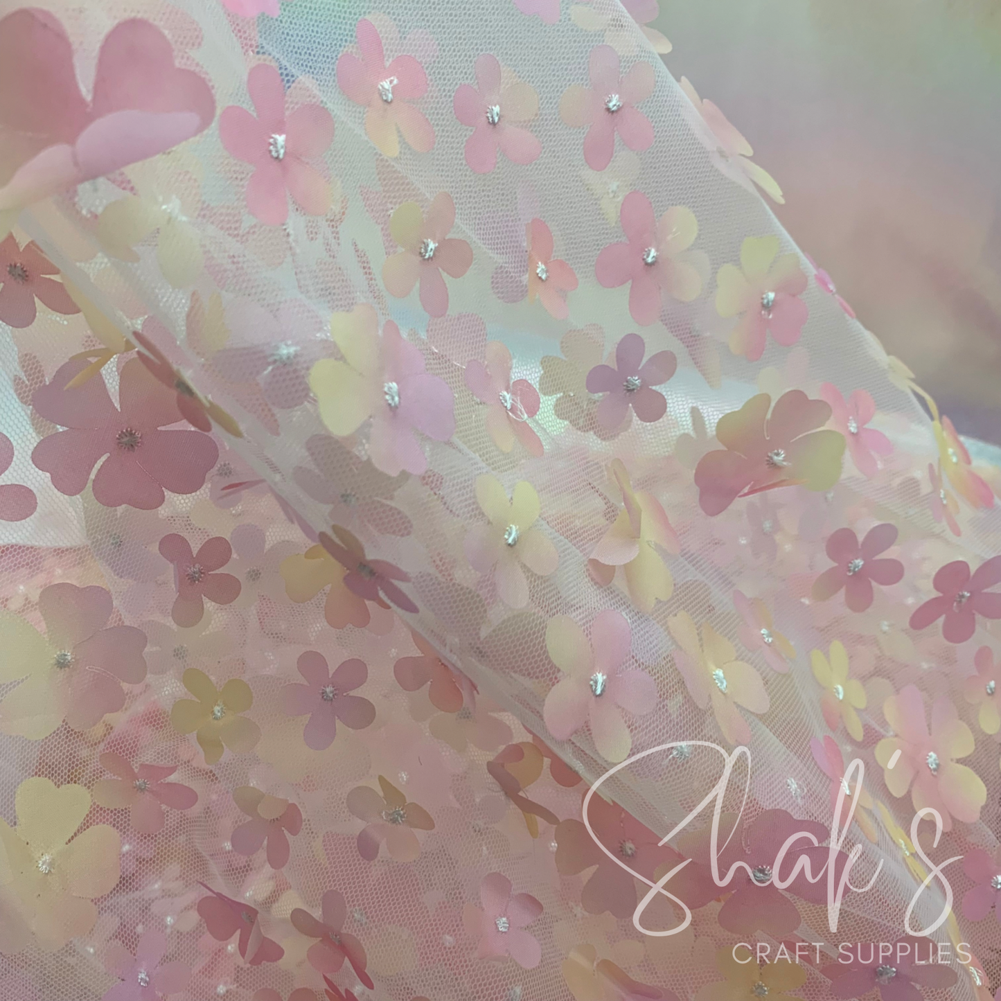 Pastel Ombre 3D Flower Embroidery Mesh Two Way Stretch Fabric