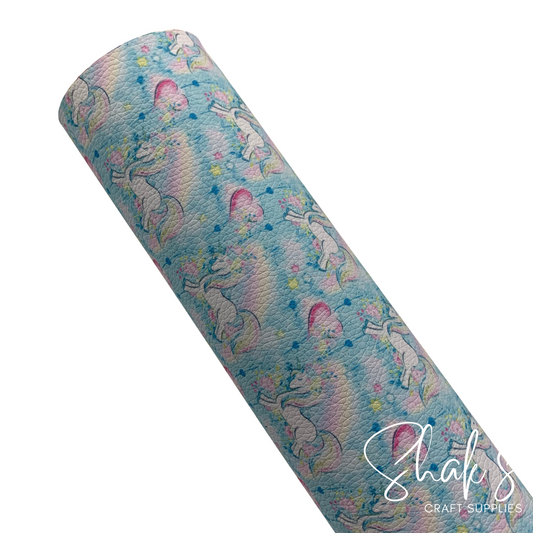 Unicorn Blue Hearts Print Pebble Vegan Leather