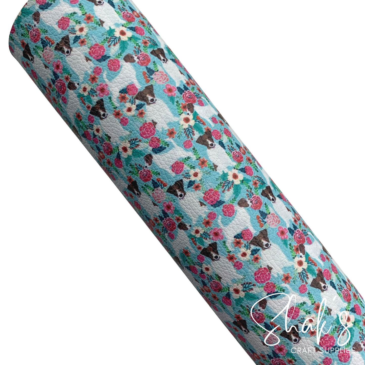 Terrier Dog Floral Print Vegan Leather Fabric