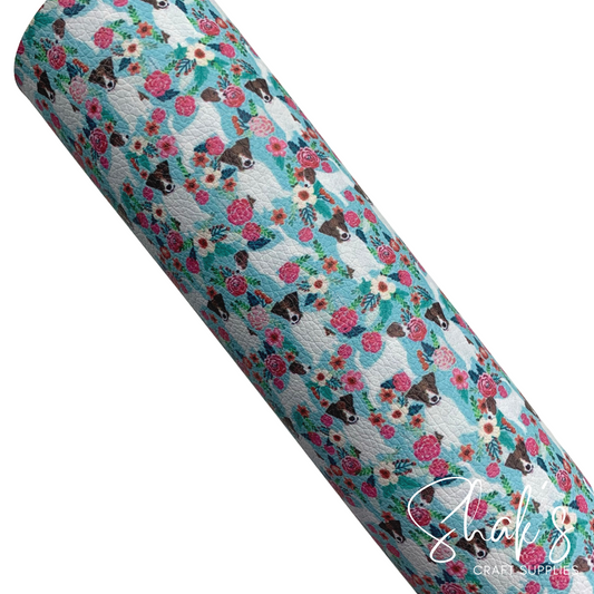 Terrier Dog Floral Print Vegan Leather Fabric
