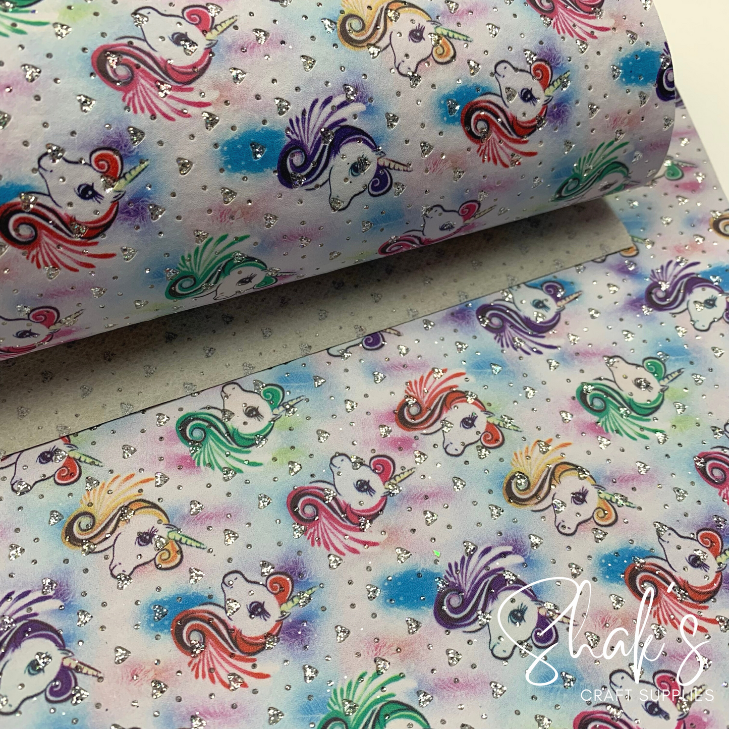 Unicorn Embossed Glitter Hearts Print Vegan Leather Sheet