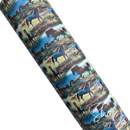 Prairie Horses Wild Running Stallions Print Vegan Leather Fabric (IMPERFECT)