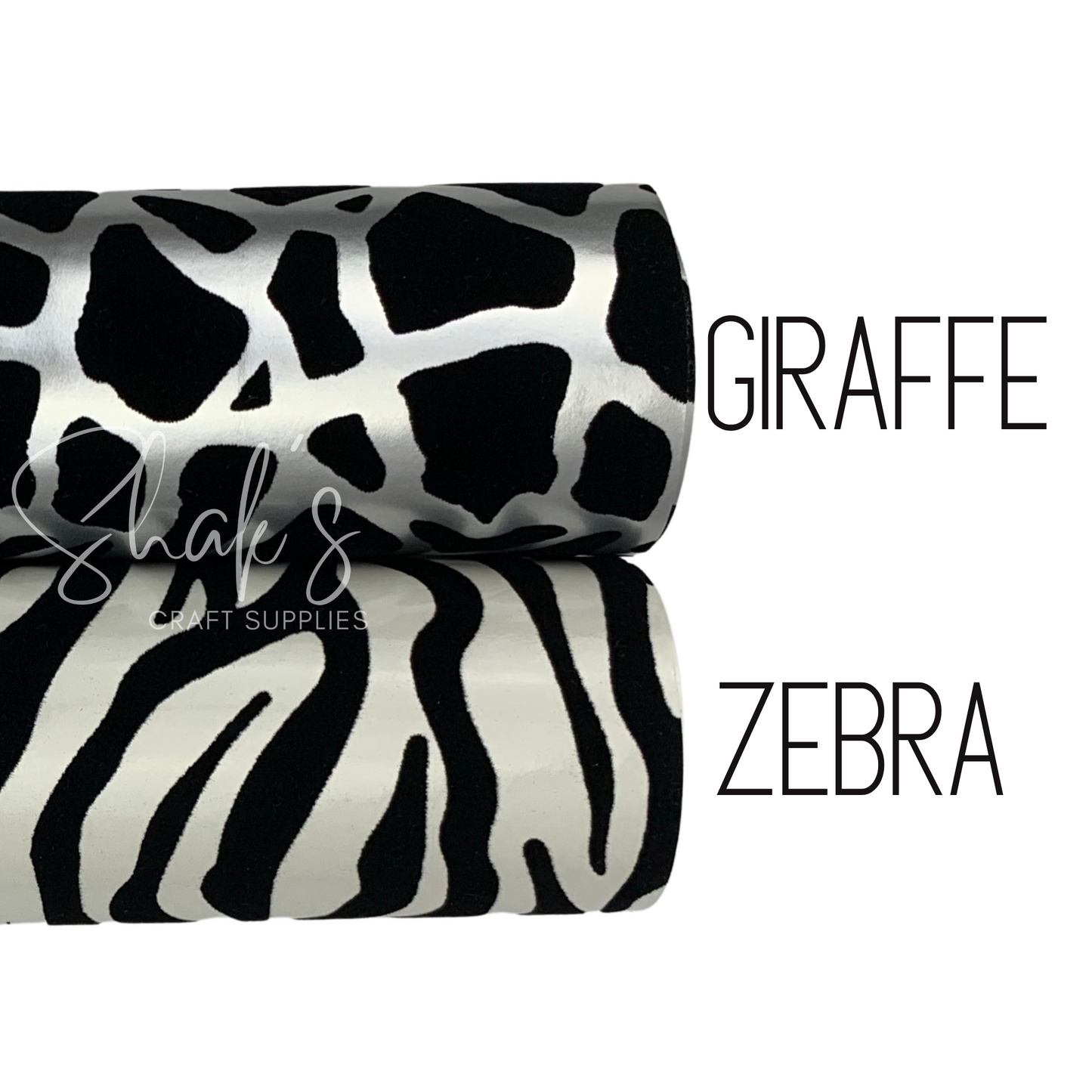 Zebra and Giraffe Velvet Embossed Vinyl Faux Leather 1/2 Yard Rolls