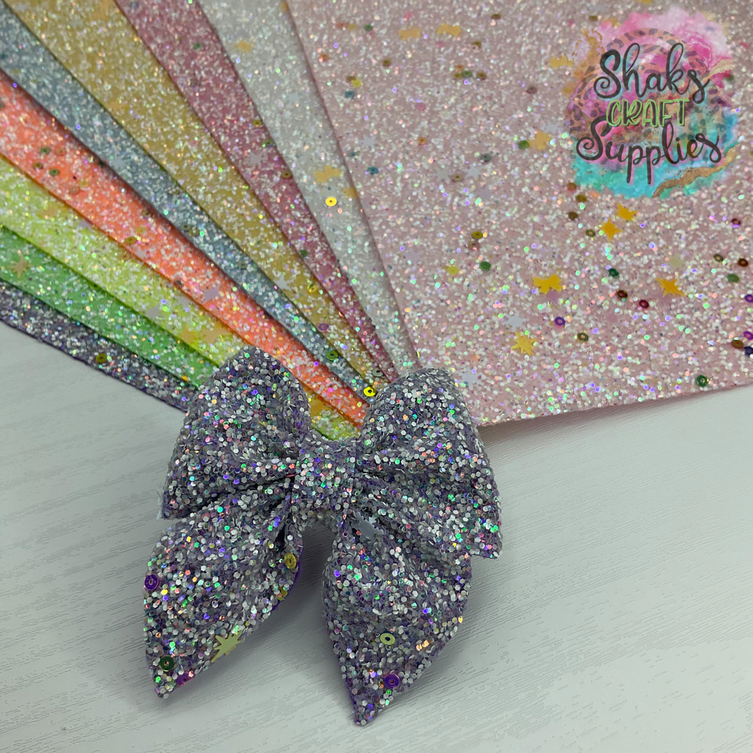 White Chunky Glitter Mixed Sequin Snowflake Bows with Premium Matching Color Backing