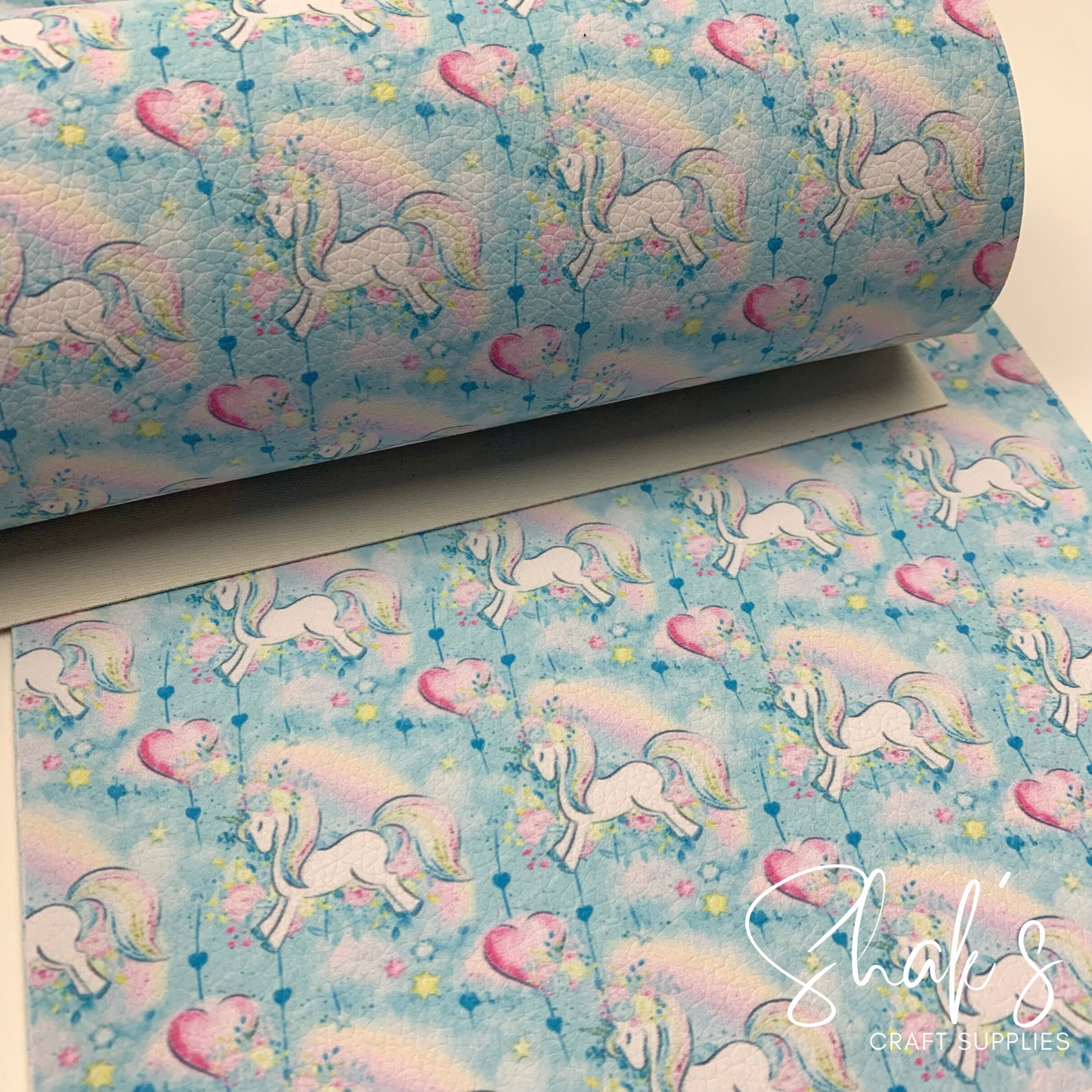 Unicorn Blue Hearts Print Pebble Vegan Leather