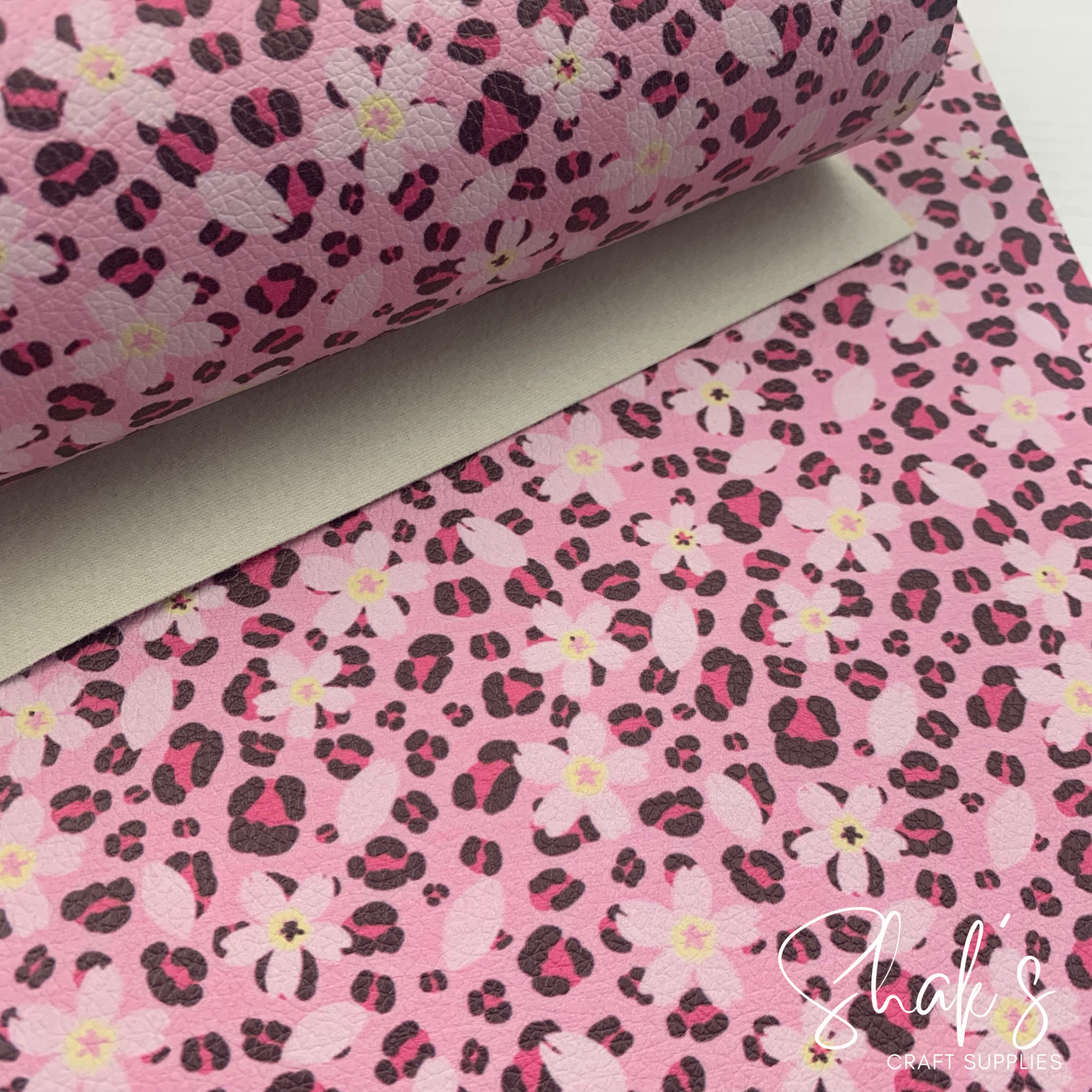 Pink Floral Cheetah Leopard Animal Print Pebble Vegan Leather Sheet