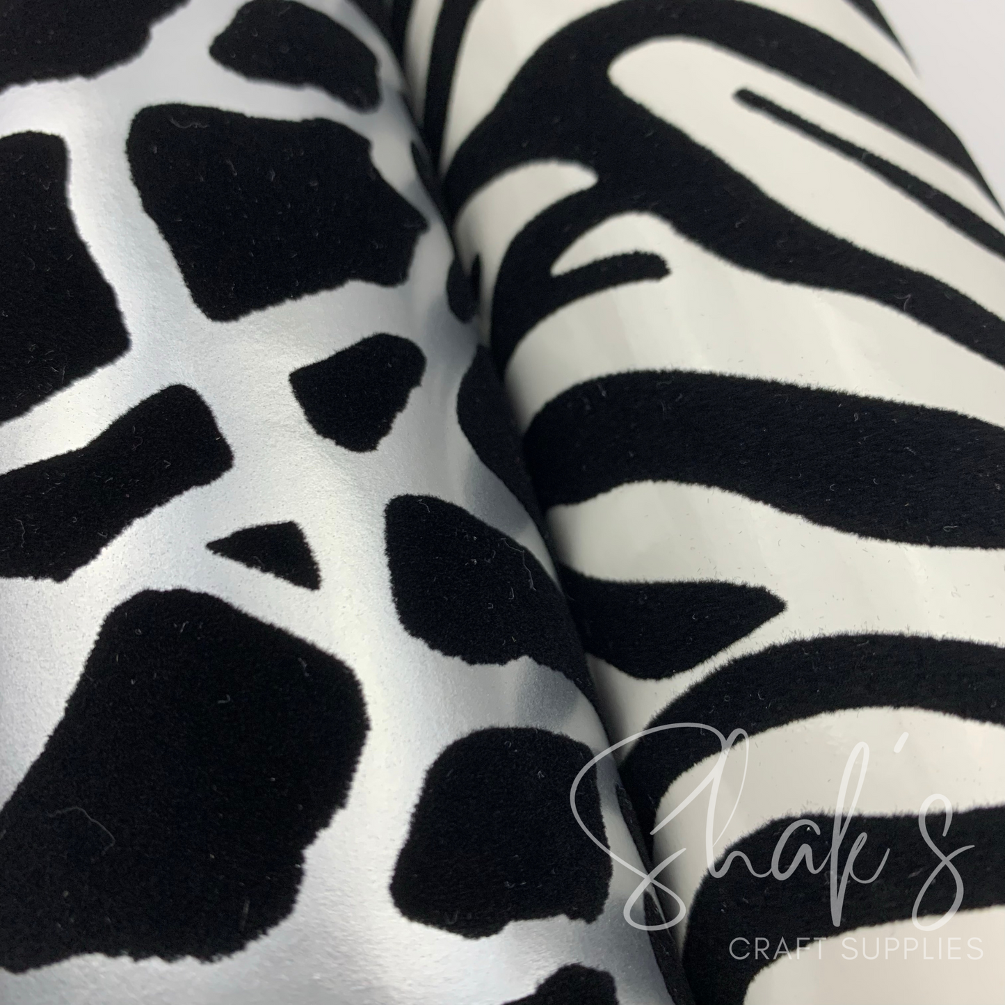 Zebra and Giraffe Velvet Embossed Vinyl Faux Leather 1/2 Yard Rolls