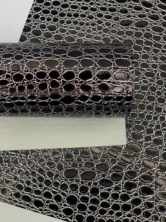 Black and Silver Stones Holographic Embossed Textured Faux Leather Sheet