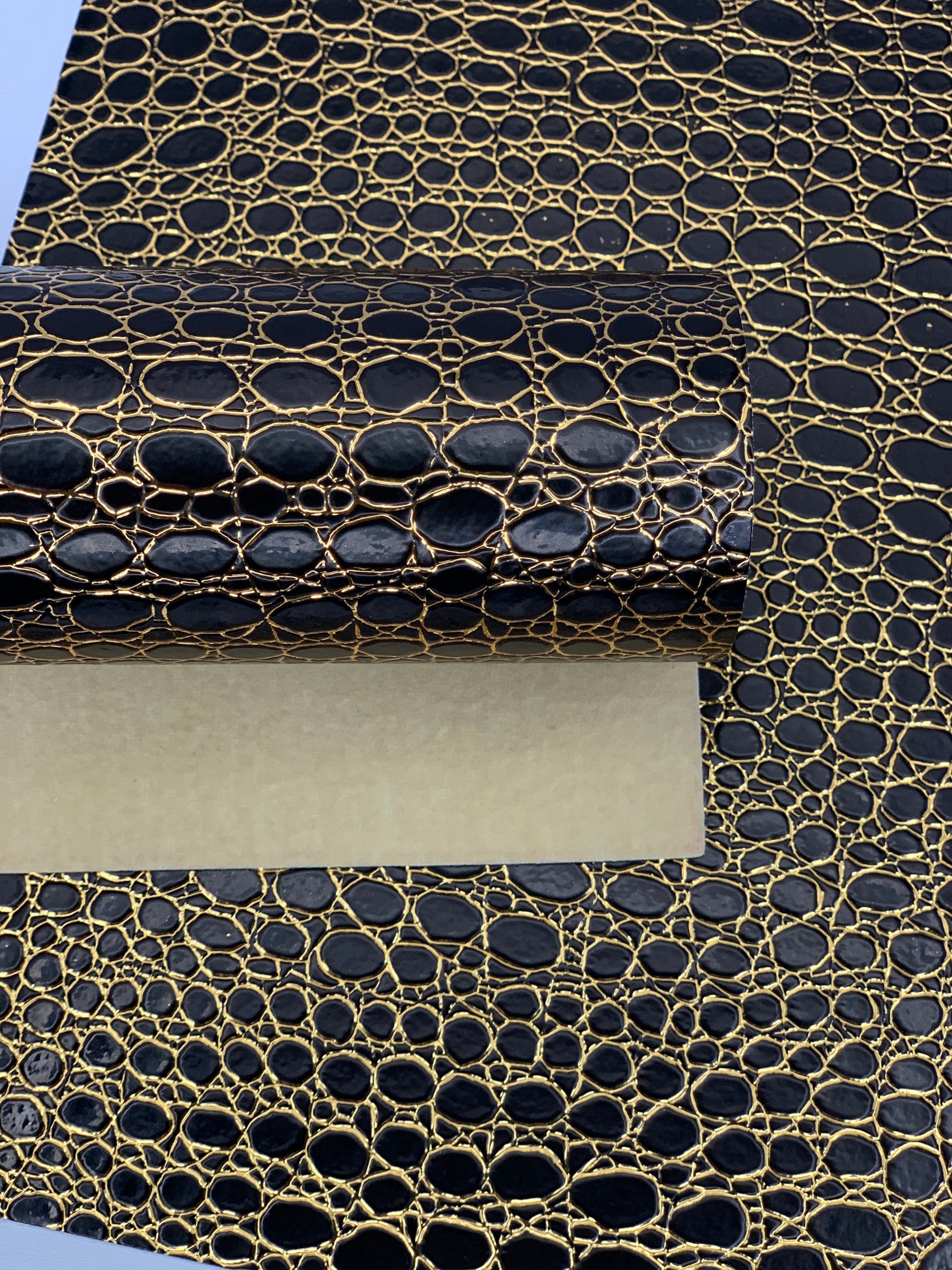 Black and Gold Stones Holographic Embossed Textured Faux Leather Sheet