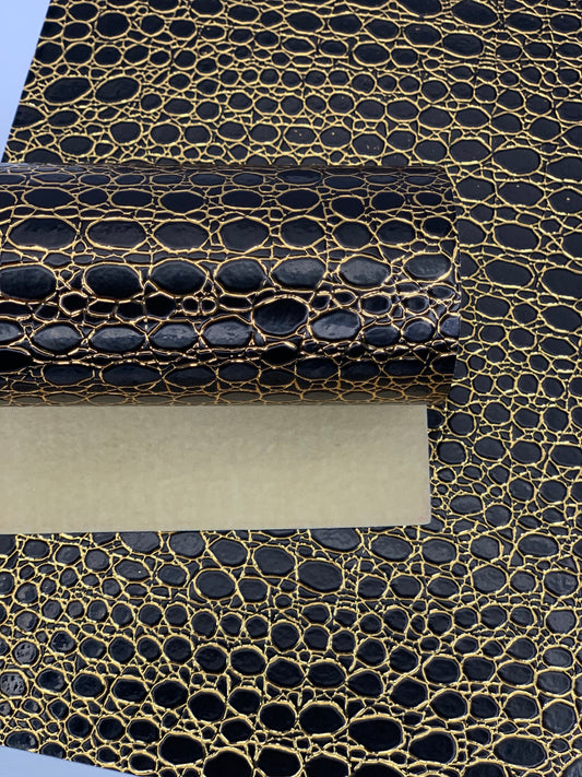 Black and Gold Stones Holographic Embossed Textured Faux Leather Sheet