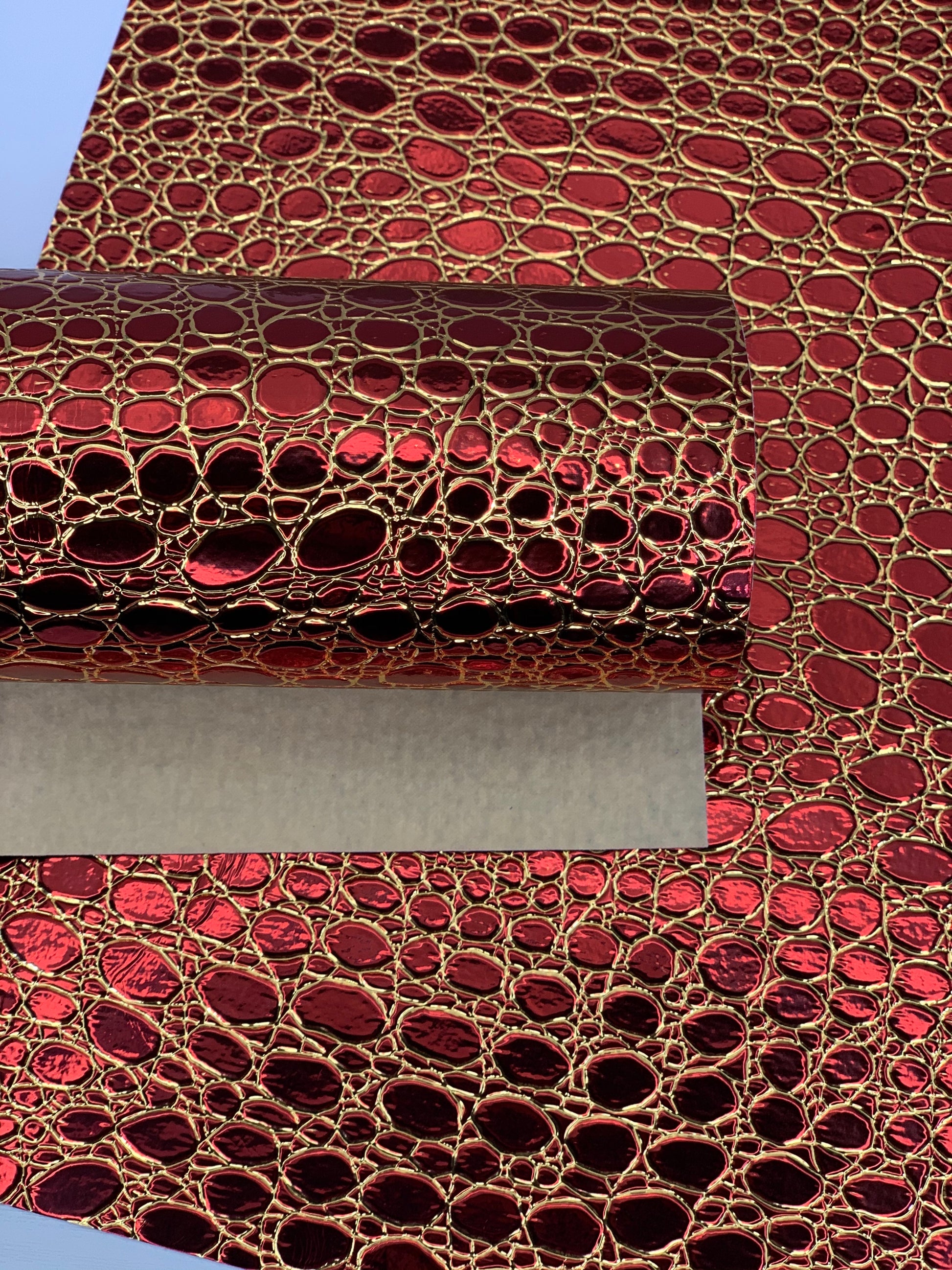 Red and Gold Stones Holographic Embossed Textured Faux Leather Sheet