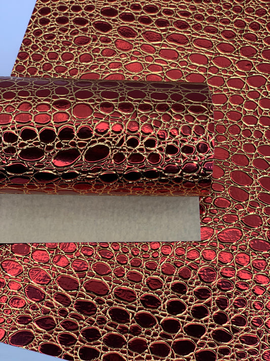 Red and Gold Stones Holographic Embossed Textured Faux Leather Sheet