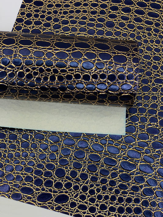 Blue and Gold Stones Holographic Embossed Textured Faux Leather Sheet
