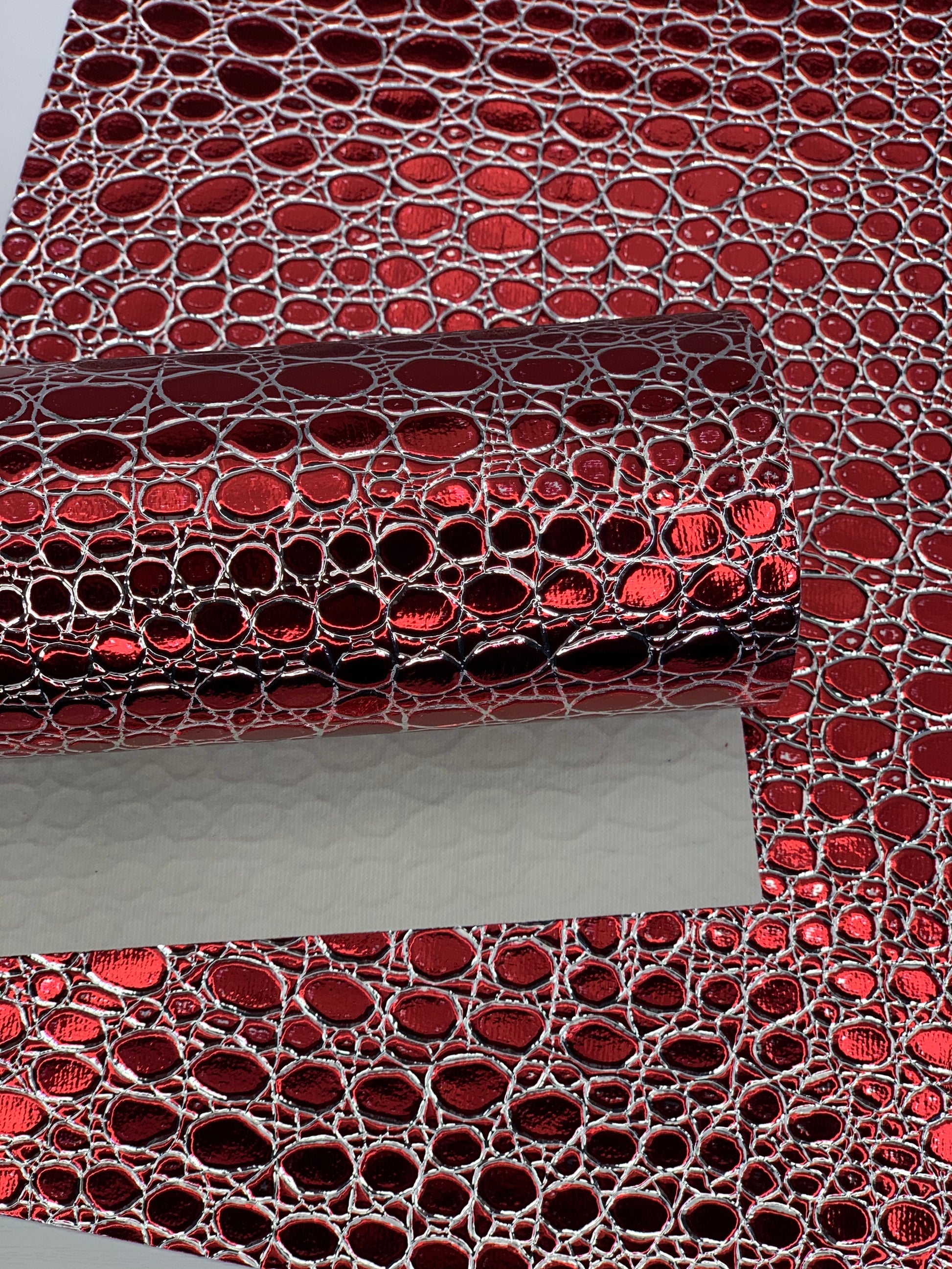 Red and Silver Stones Holographic Embossed Textured Faux Leather Sheet