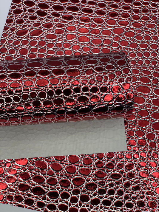 Red and Silver Stones Holographic Embossed Textured Faux Leather Sheet
