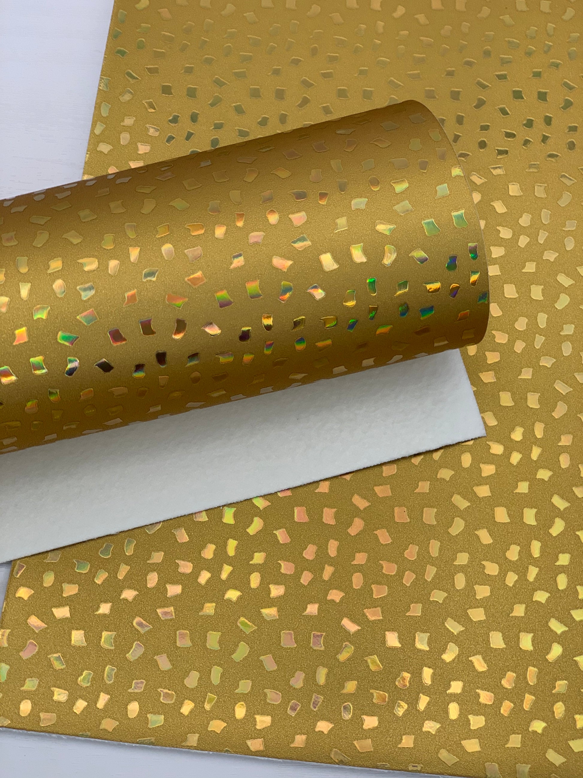 Yellow Gold Holographic Laser Flakes Embossed Textured Faux Leather Sheet