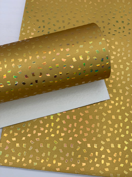 Yellow Gold Holographic Laser Flakes Embossed Textured Faux Leather Sheet