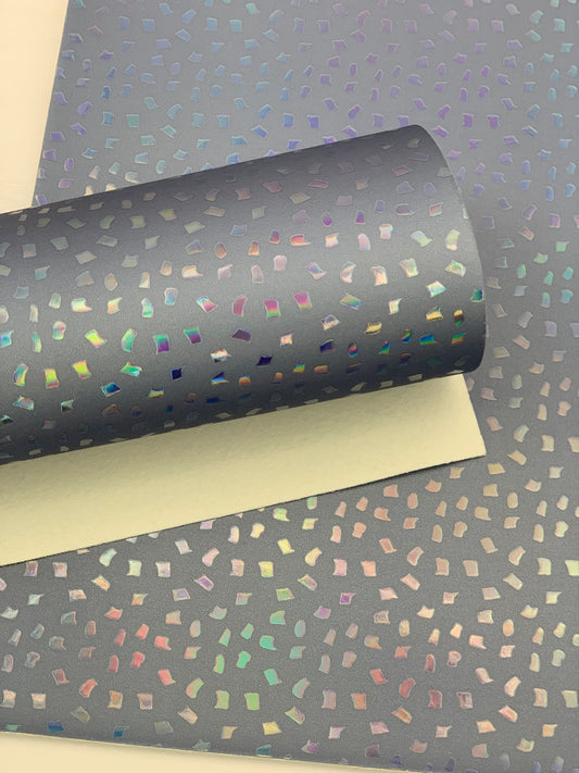 Gray Blue Holographic Laser Flakes Embossed Textured Faux Leather Sheet