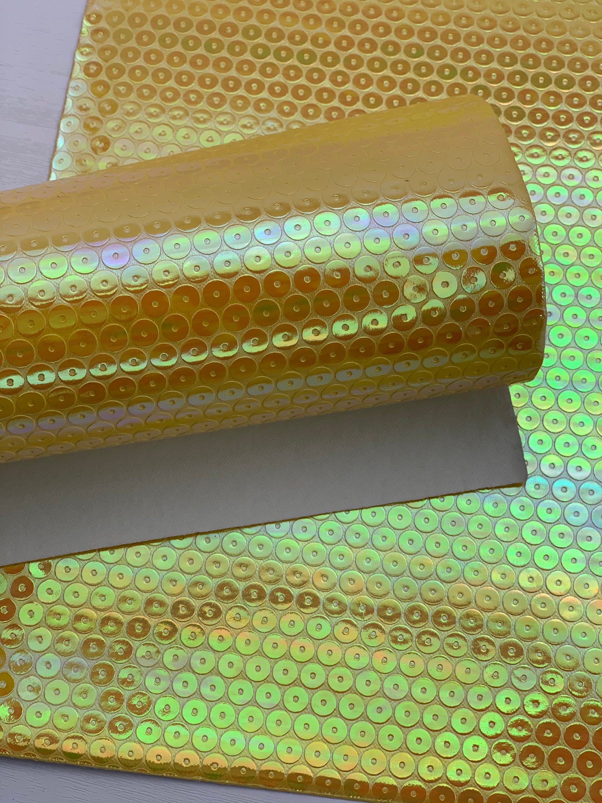 Yellow Holographic Laser Sequins Embossed Textured Faux Leather Sheet
