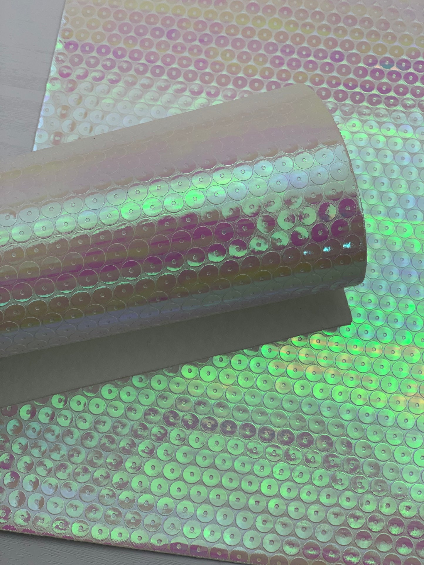 White Holographic Laser Sequins Embossed Textured Faux Leather Sheet
