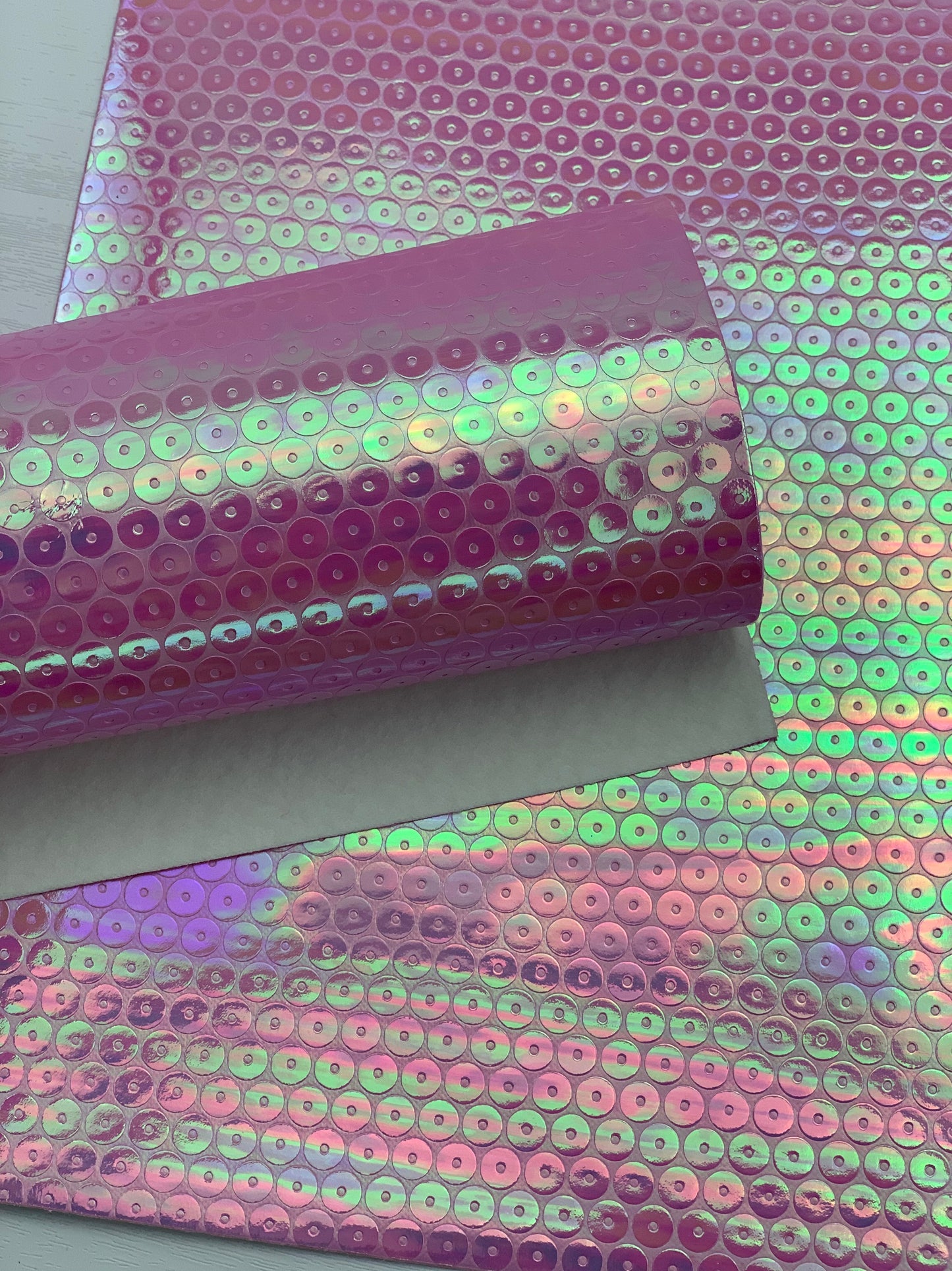 Pink Holographic Laser Sequins Embossed Textured Faux Leather Sheet