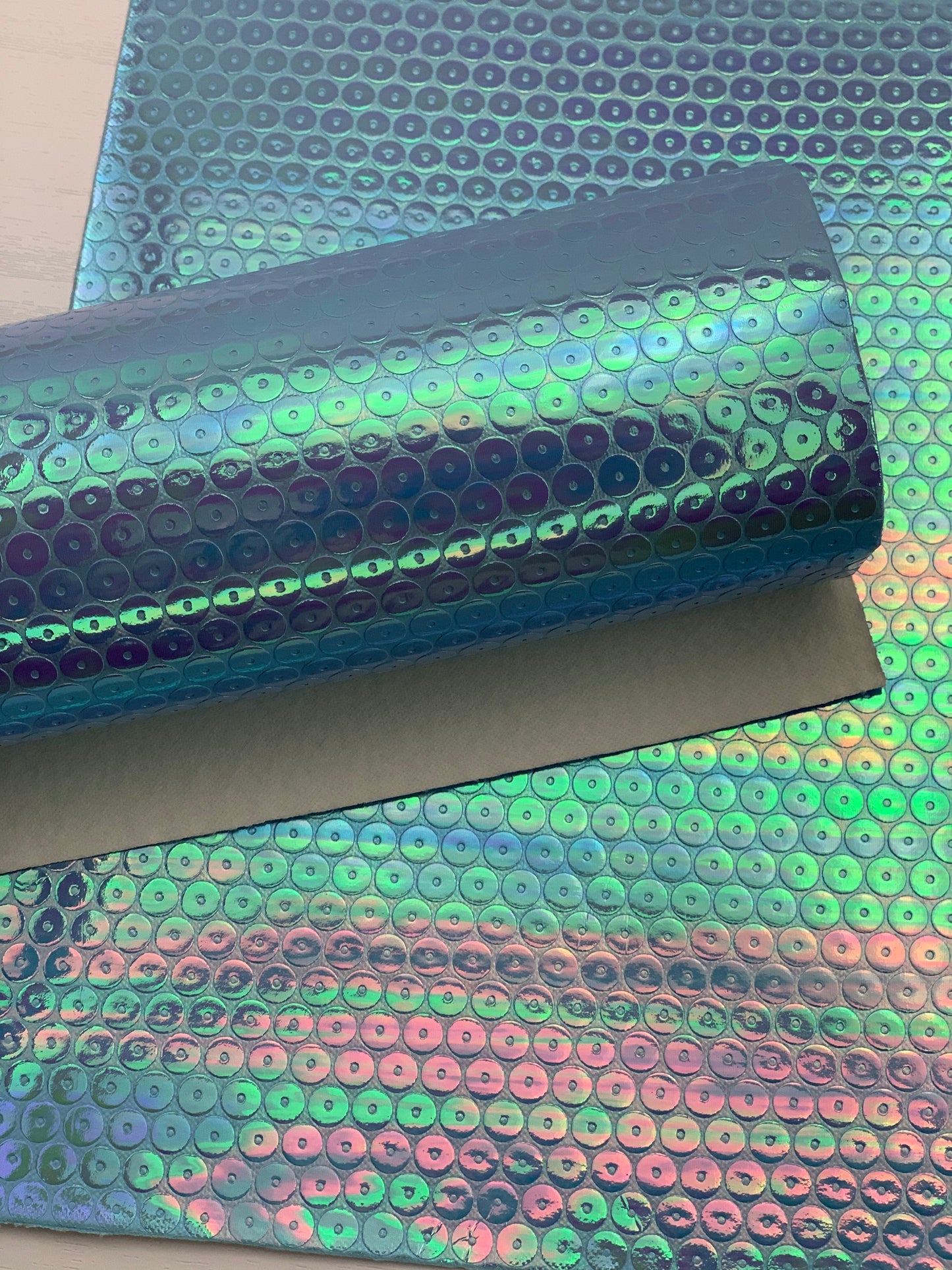 Blue Holographic Laser Sequins Embossed Textured Faux Leather Sheet