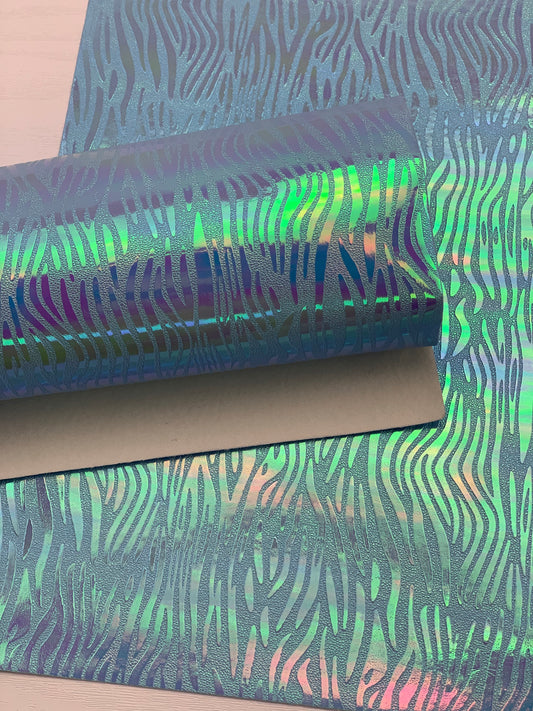 Blue Zebra Holographic Textured Embossed Faux Leather Sheet
