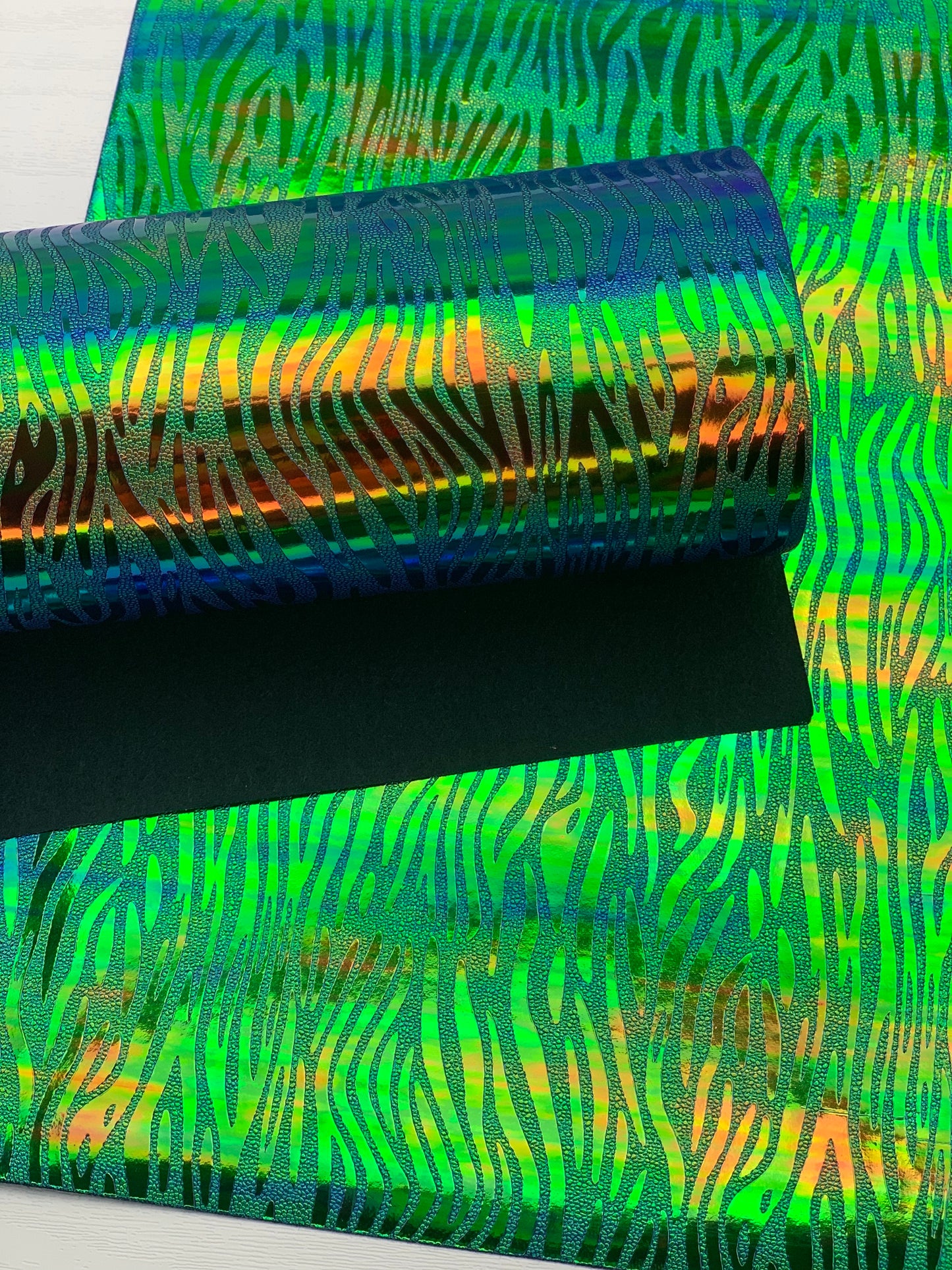 Green Blue Zebra Holographic Textured Embossed Faux Leather Sheet