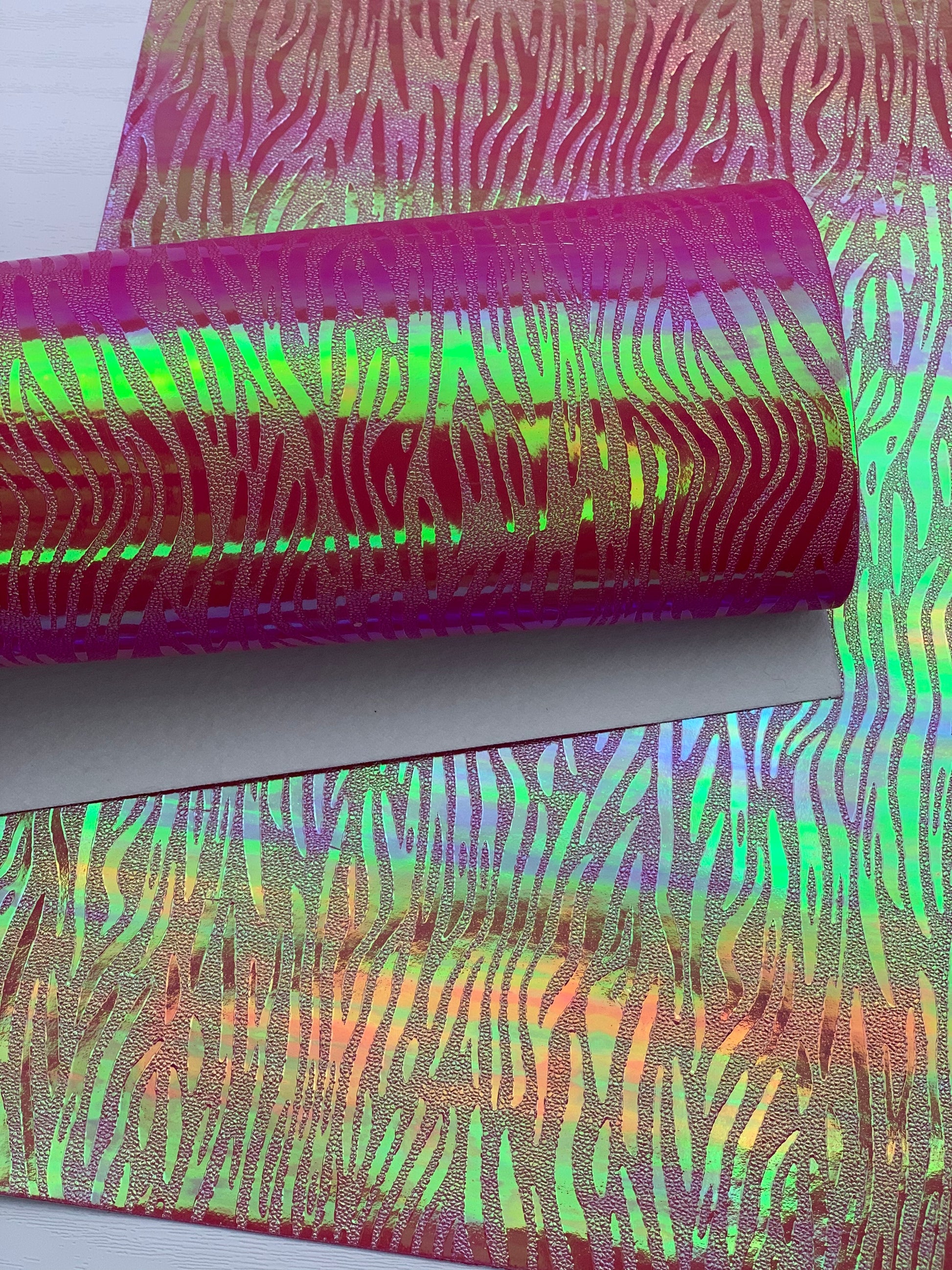 Hot Pink Zebra Holographic Textured Embossed Faux Leather Sheet
