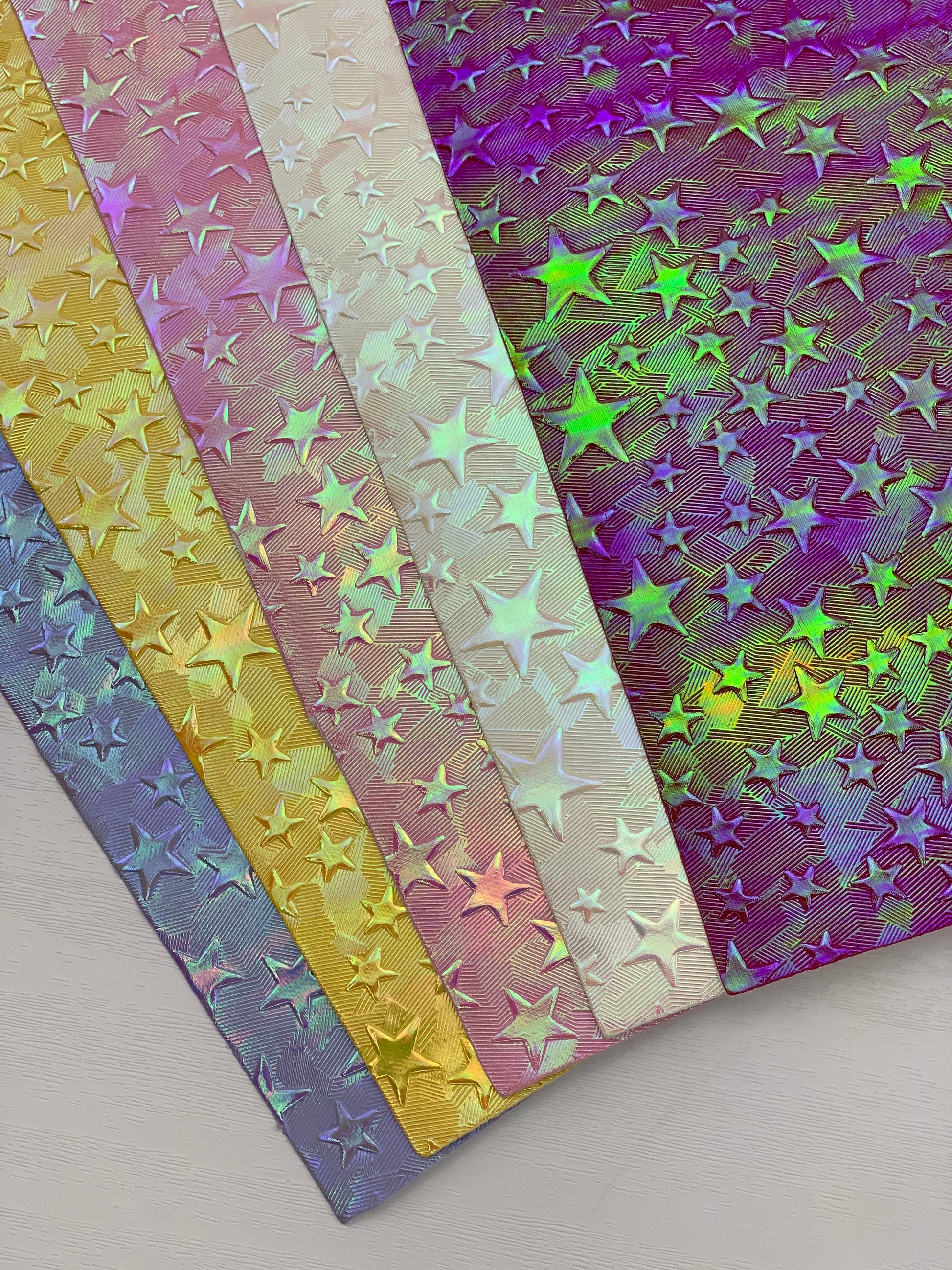 Yellow Holographic Stars Textured Embossed Faux Leather Sheet