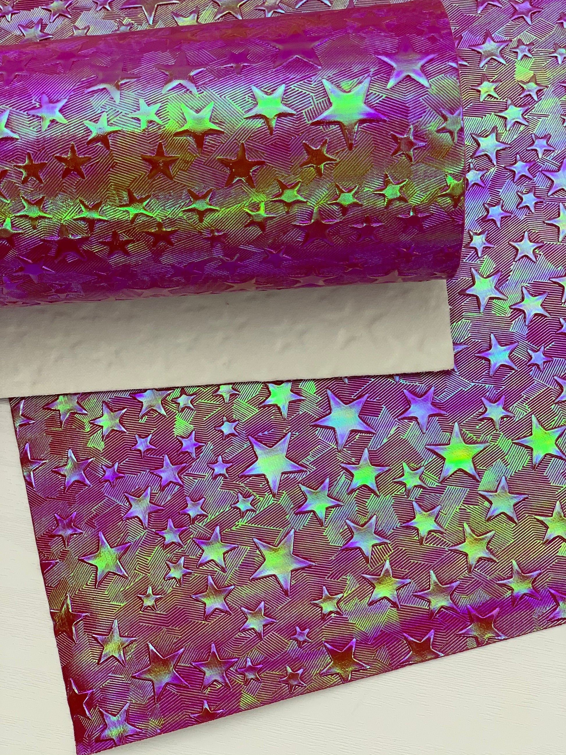 Hot Pink Holographic Stars Textured Embossed Faux Leather Sheet