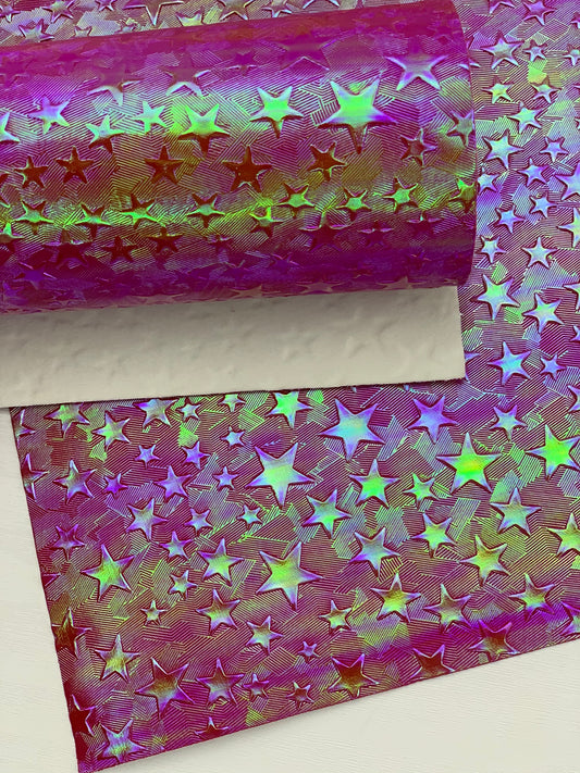 Hot Pink Holographic Stars Textured Embossed Faux Leather Sheet