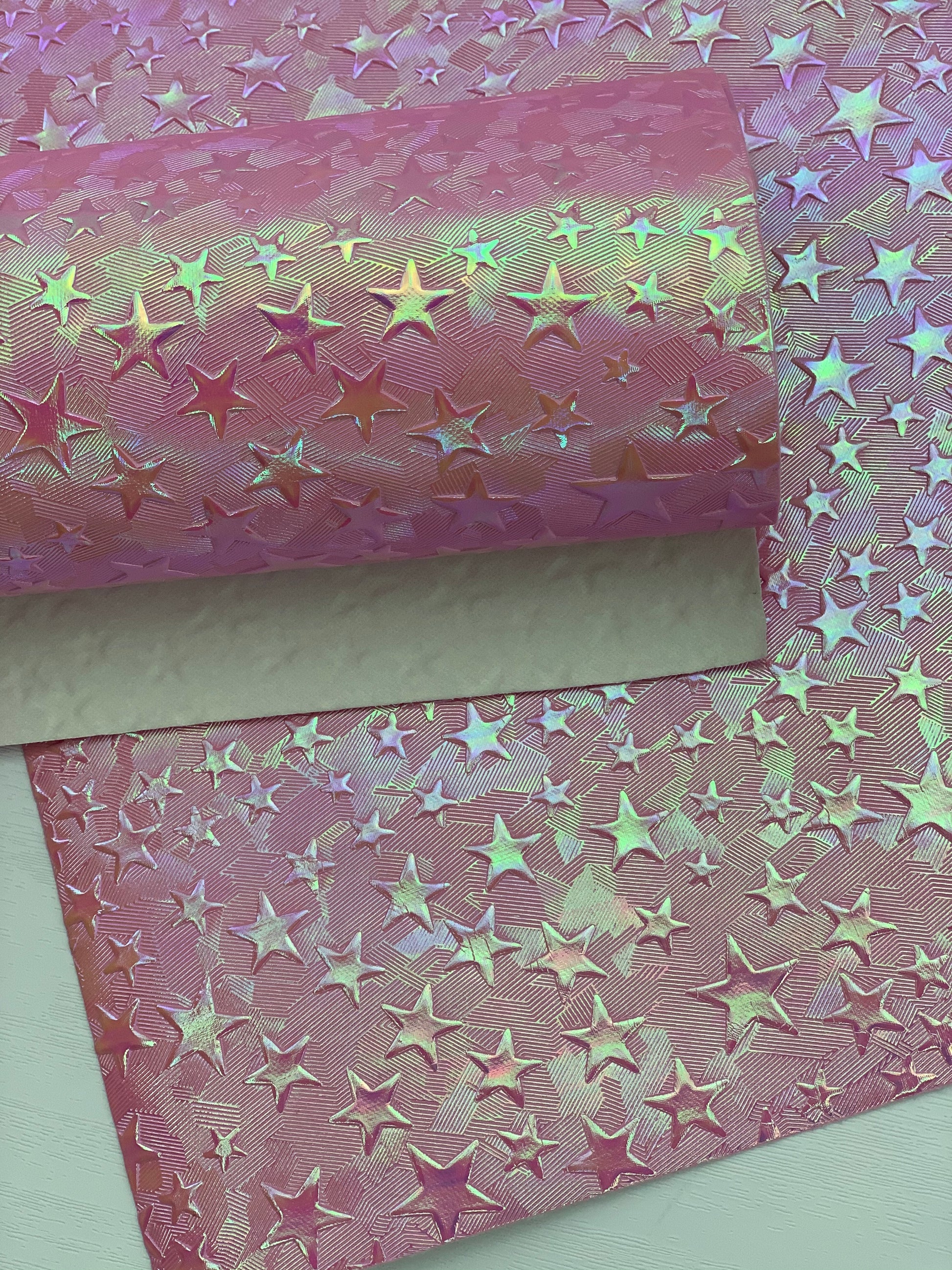 Pink Holographic Stars Textured Embossed Faux Leather Sheet