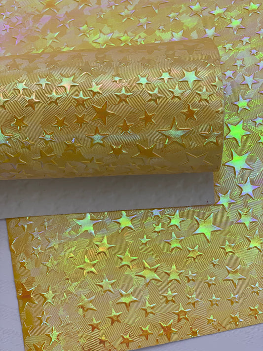 Yellow Holographic Stars Textured Embossed Faux Leather Sheet