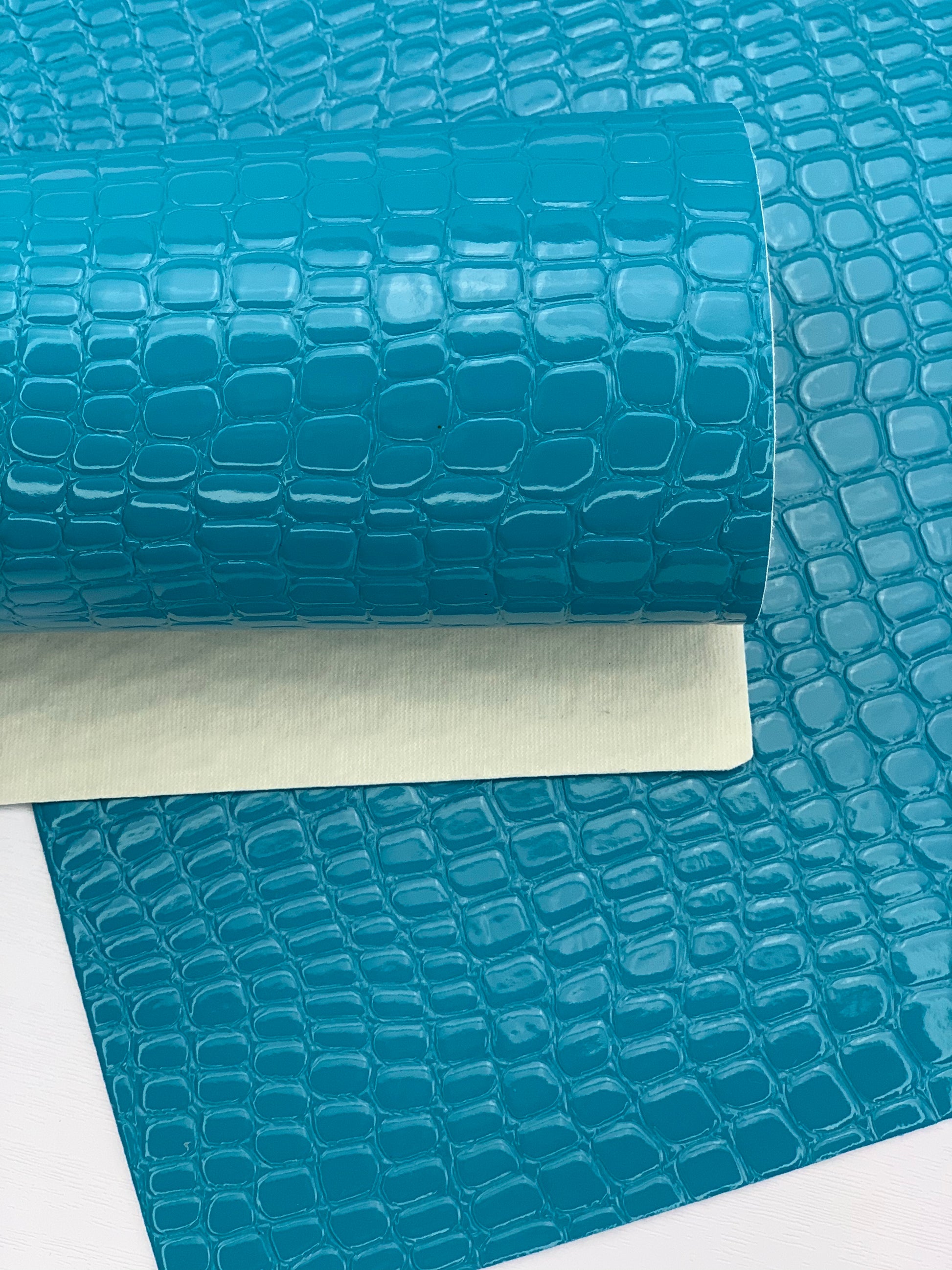 Turquoise Blue  Crocodile Alligator Glossy Textured Embossed Faux Leather Sheet