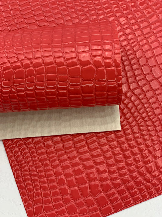 Watermelon Red Crocodile Alligator Glossy Textured Embossed Faux Leather Sheet