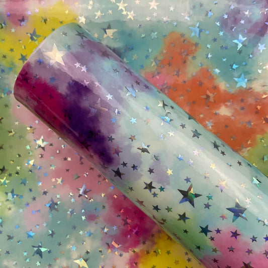 Watercolor Laser Stars Glossy Patent Faux Leather Sheet