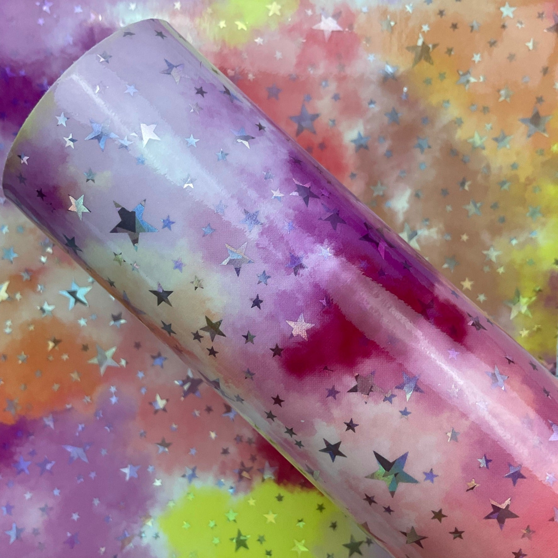 Watercolor Laser Stars Glossy Patent Faux Leather Sheet