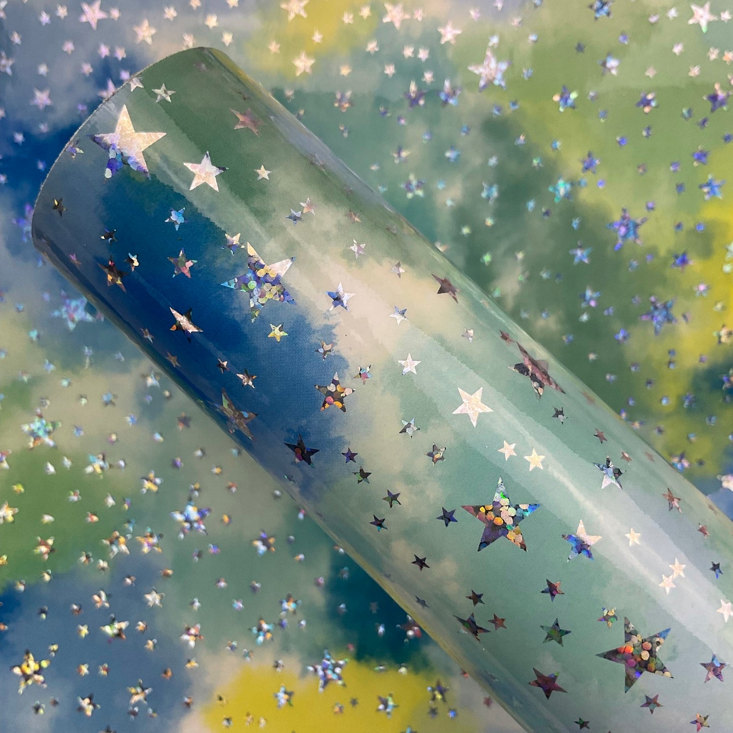 Watercolor Laser Stars Glossy Patent Faux Leather Sheet