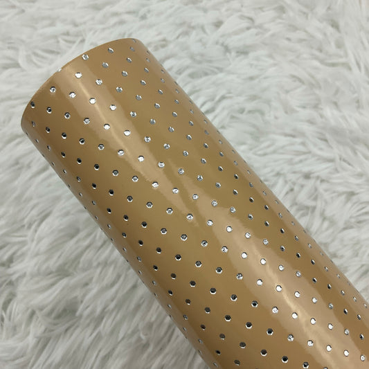 Brown Silver Polka Dots Stamped Embossed Glossy Faux Leather