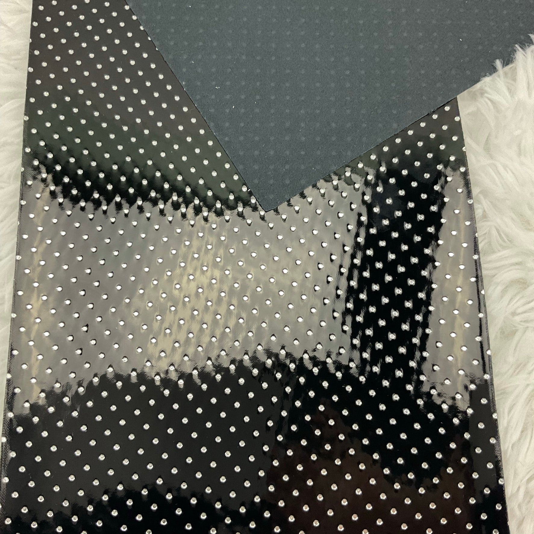 Black Silver Polka Dots Stamped Embossed Glossy Faux Leather