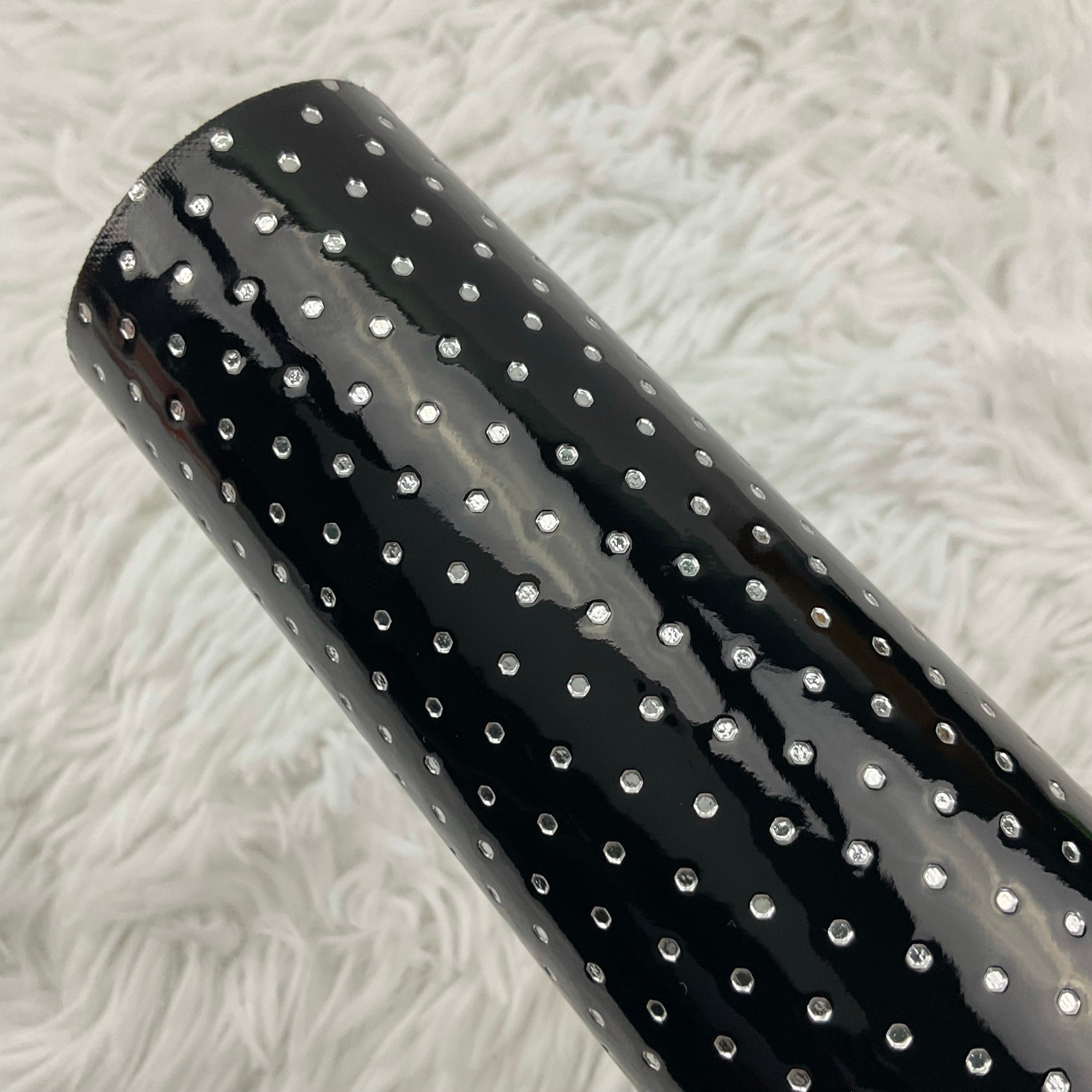 Black Silver Polka Dots Stamped Embossed Glossy Faux Leather