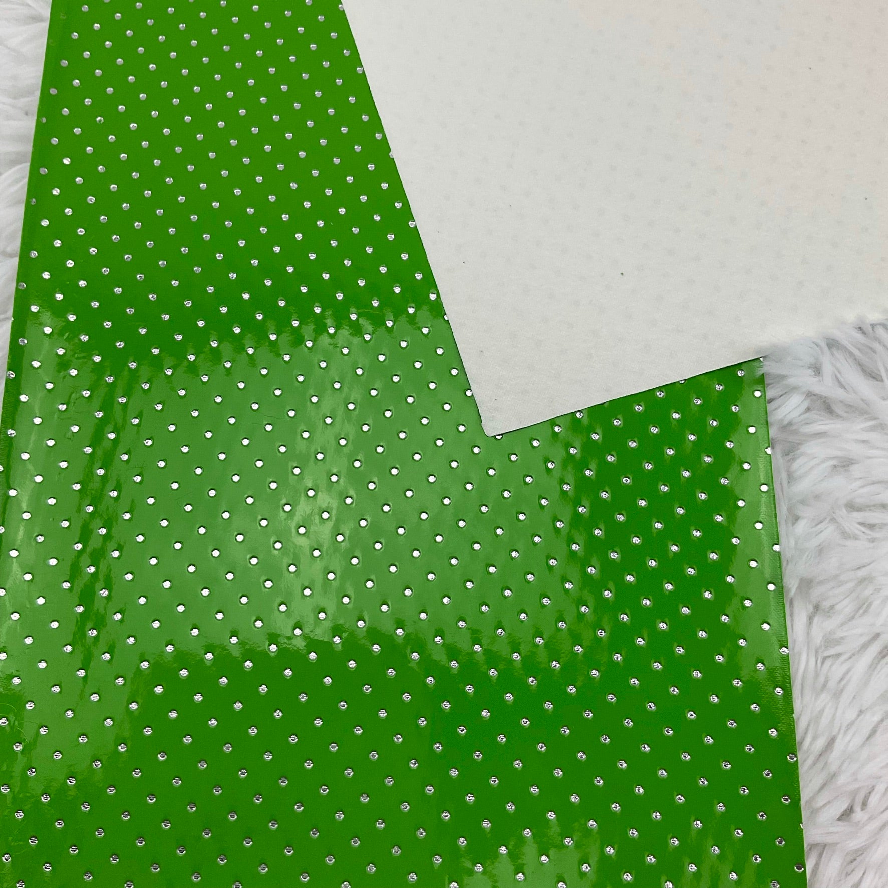 Green Silver Polka Dots Stamped Embossed Glossy Faux Leather