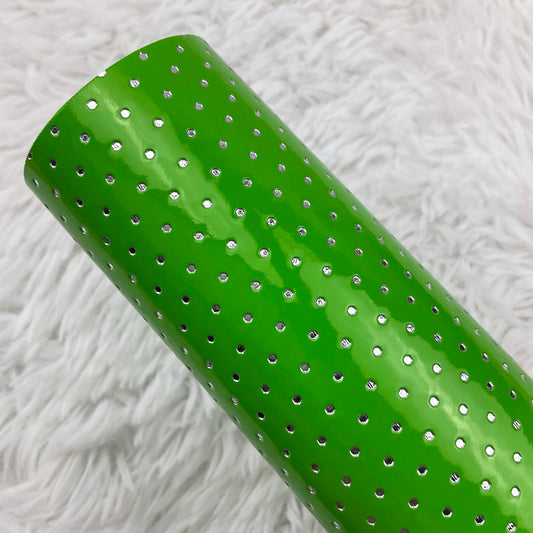 Green Silver Polka Dots Stamped Embossed Glossy Faux Leather